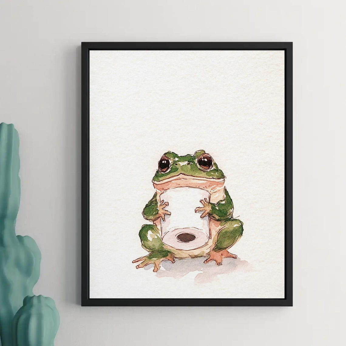 Cute Green Frog Hugging Toilet Paper Watercolor Bathroom Poster