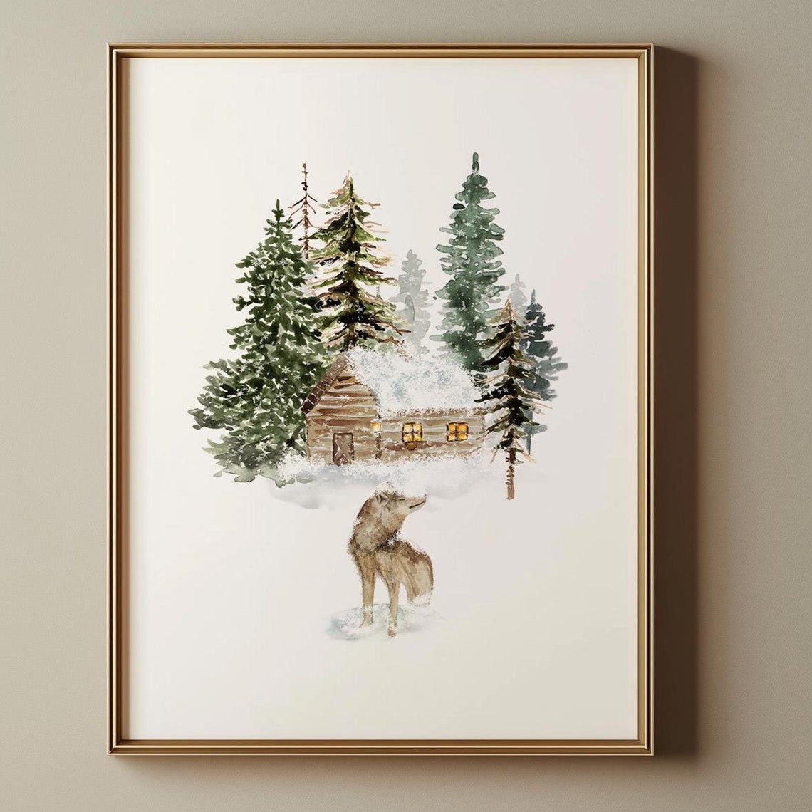 Cozy Winter Cabin Wolf Watercolor Christmas Art Holiday Poster