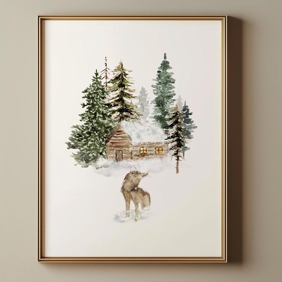 Cozy Winter Cabin Wolf Watercolor Christmas Art Holiday Poster