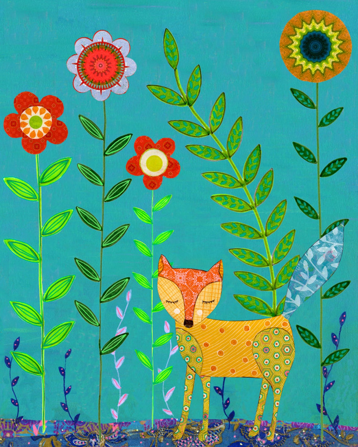 Patterned Orange Fox Standing Among Tall Flowers Teal Poster