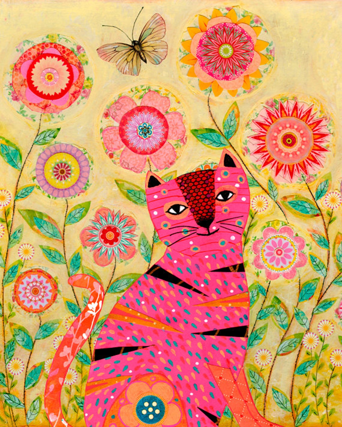 Pink Cat Art Print Cat Portrait Childrens Wall Art Cat With Butterfly Painting Large Art Print Cat Art Cat Painting Childrens Decor