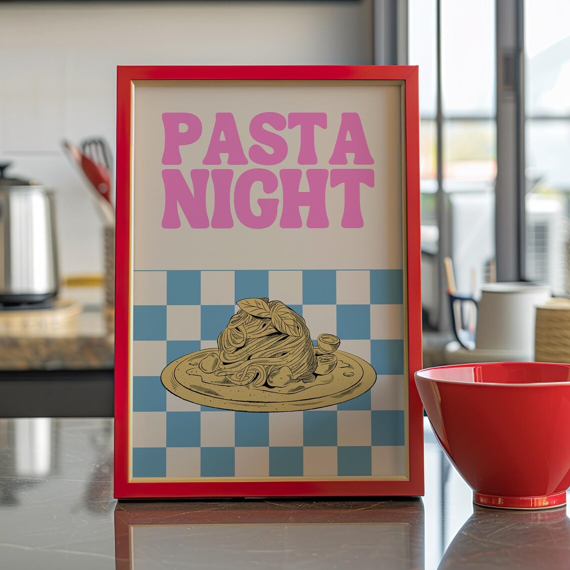 Pasta Night Retro Pink Lettering Checkerboard Italian Food Poster - Image 2