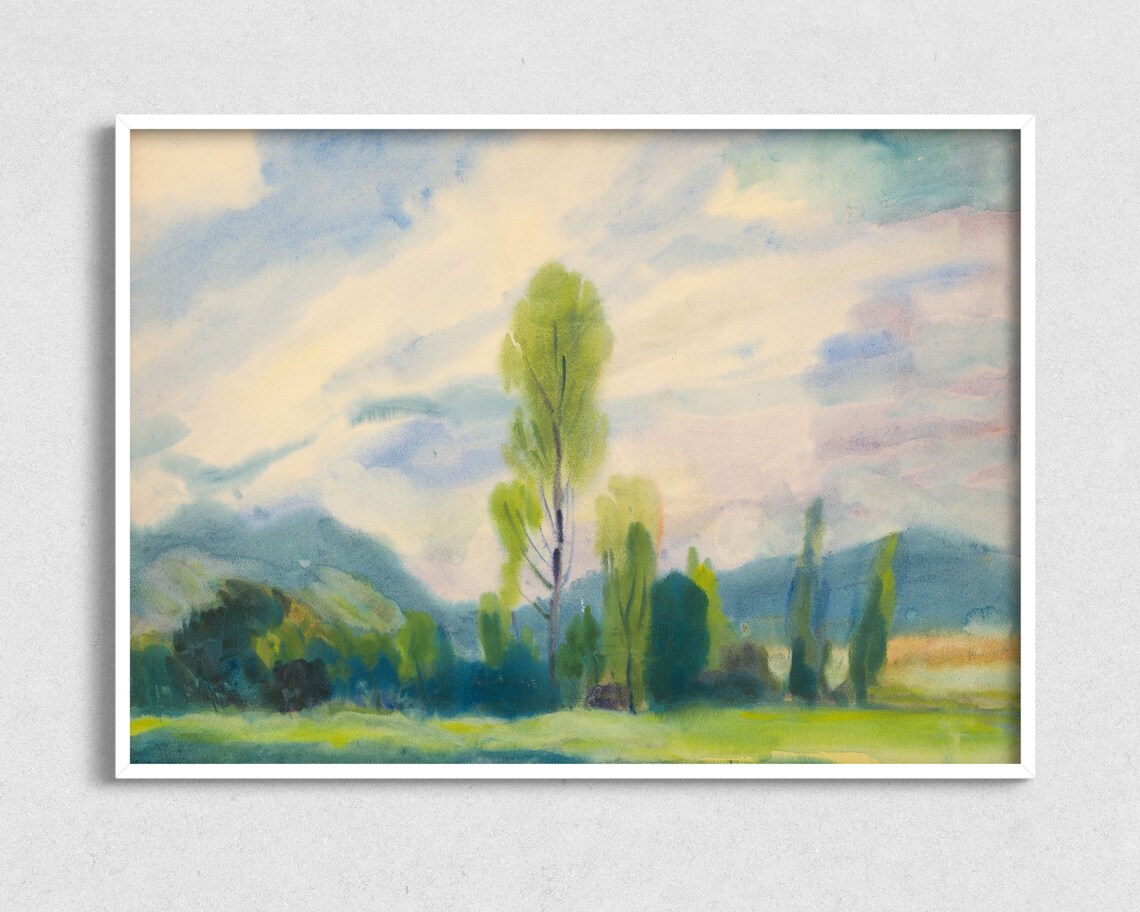 Tall Green Trees Pastel Sky Abstract Watercolor Landscape Poster