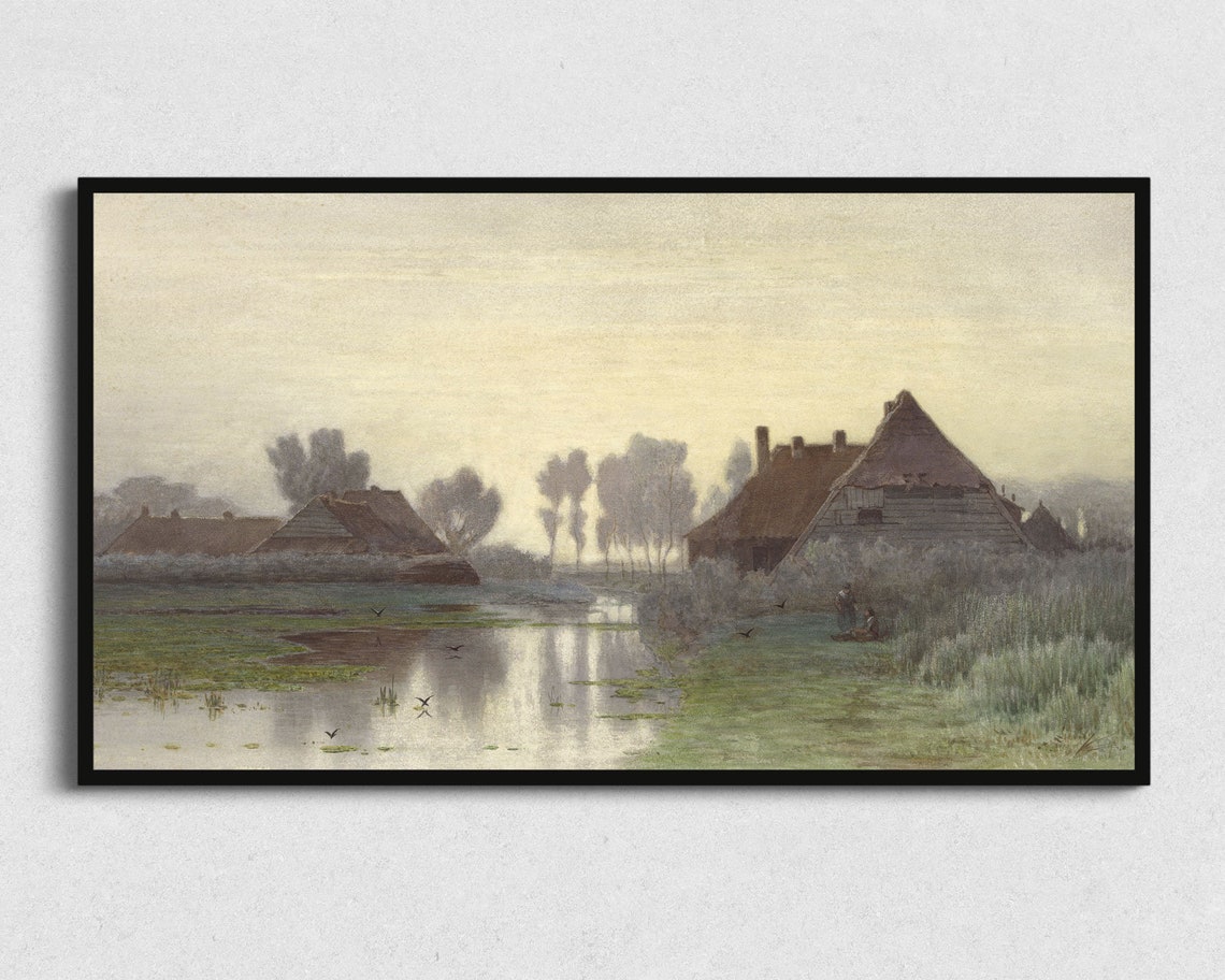 Dutch Canal Thatched Cottages Morning Mist Antique Art Print Poster - Image 2