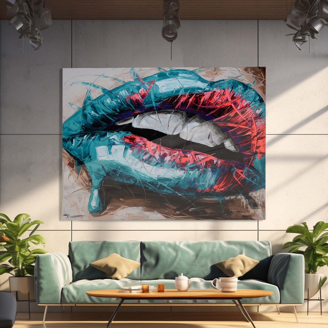 Abstract Turquoise Red Lips Painted Bold Modern Colorful Art Poster - Image 2