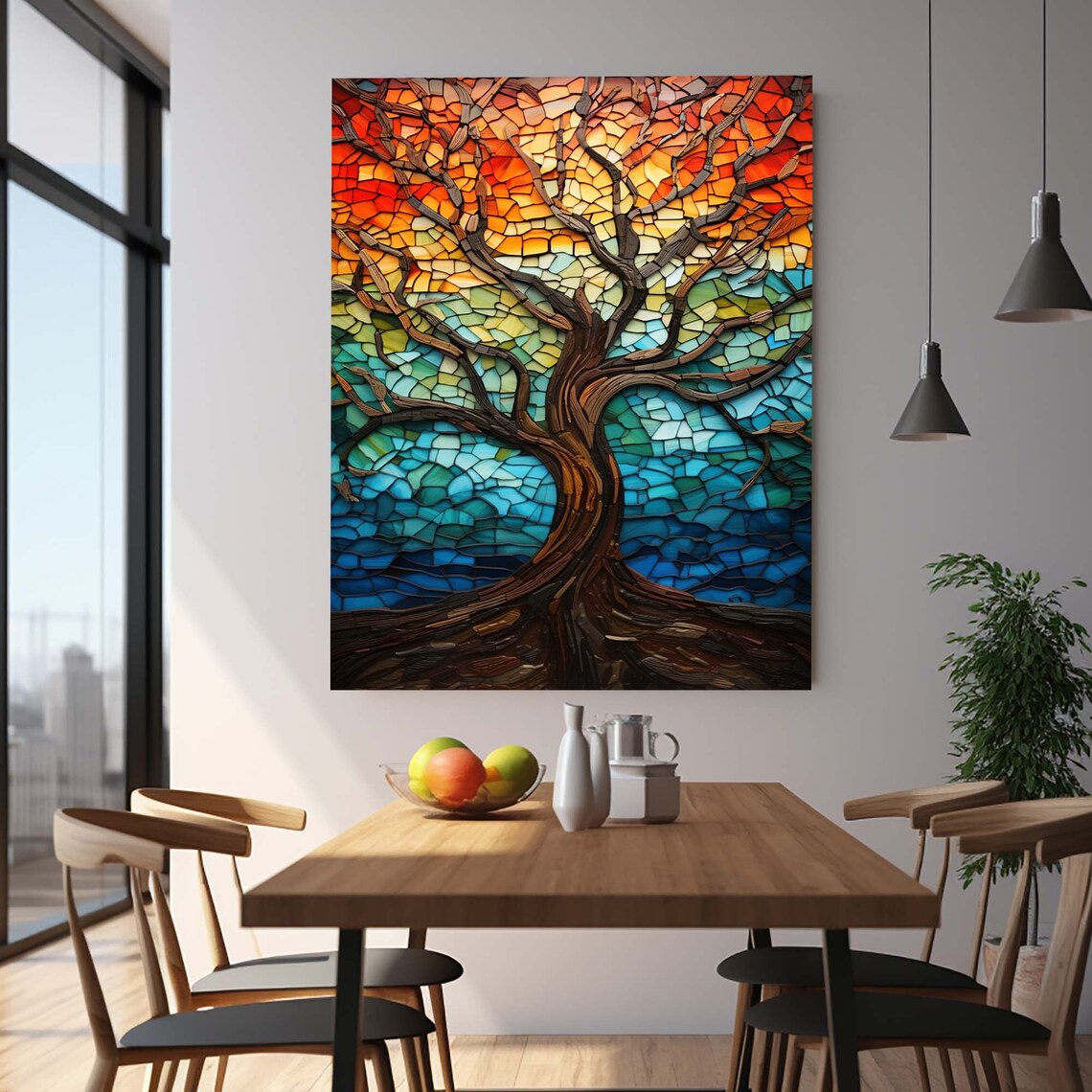 Mosaic Tree of Life Orange Teal Stained Glass Tile Art Poster - Image 2