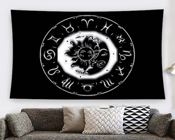 Zodiac Wheel Sun Moon Astrology Celestial Black Mystic Wall Art Decor