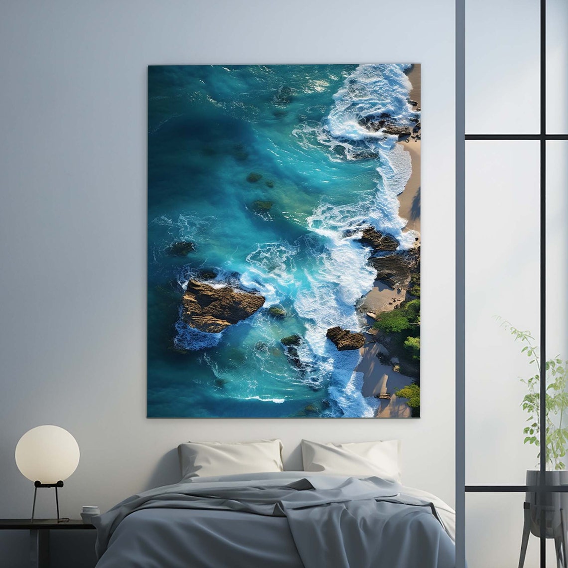 Aerial Ocean View Turquoise Waves Rocky Coast Beach Shore Poster
