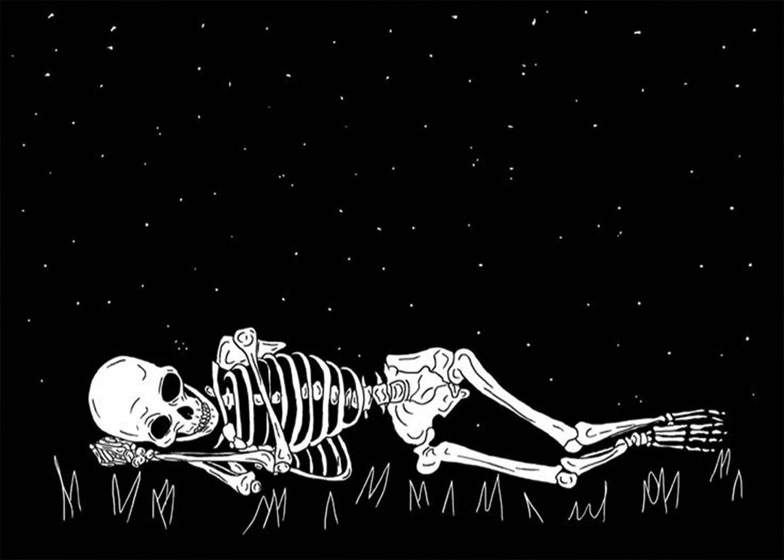 Black Skeleton Resting Starry Night Sky Minimalist Tapestry Wall Art - Image 3