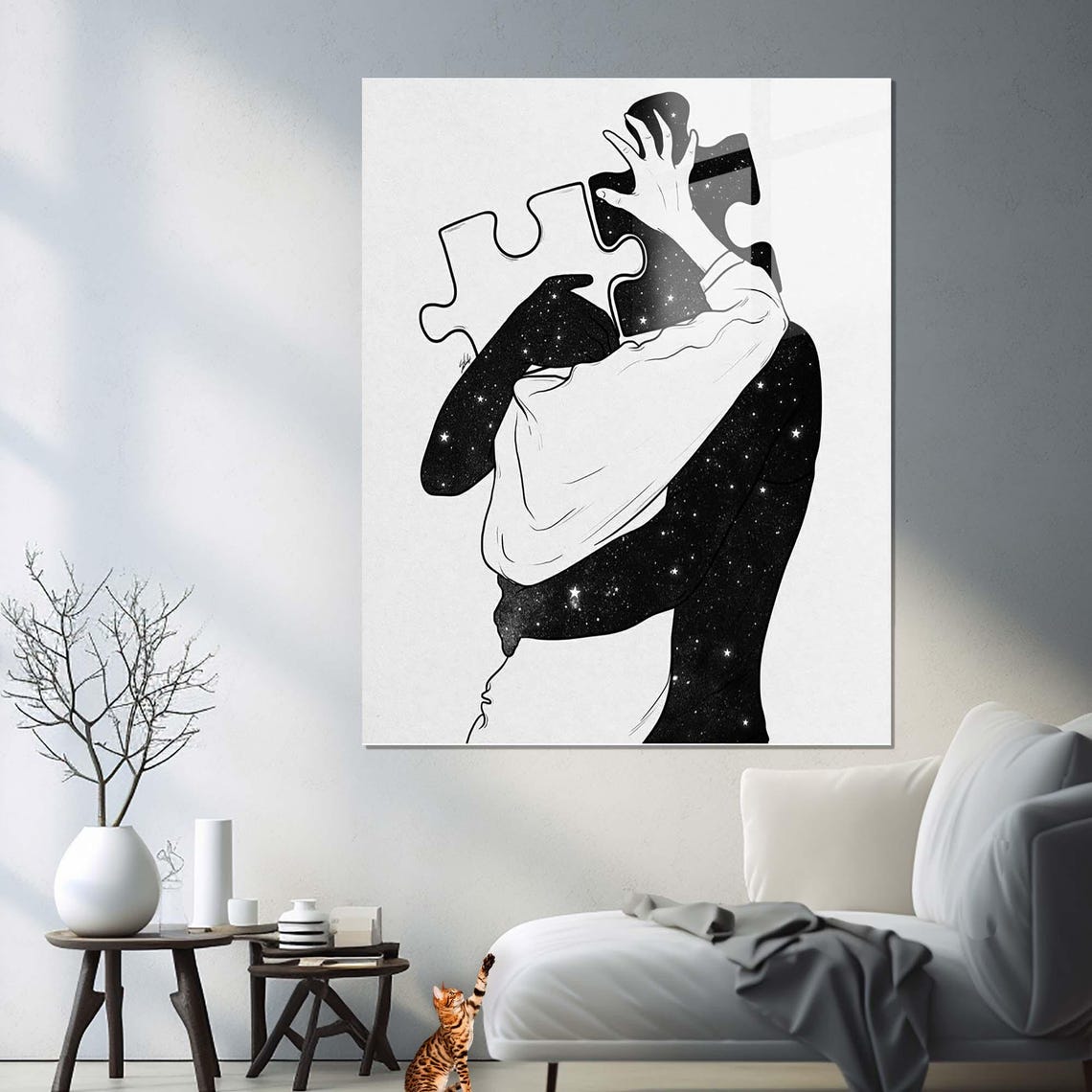 Black And White Puzzle Piece Couple Embrace Starry Night Wall Art - Image 3