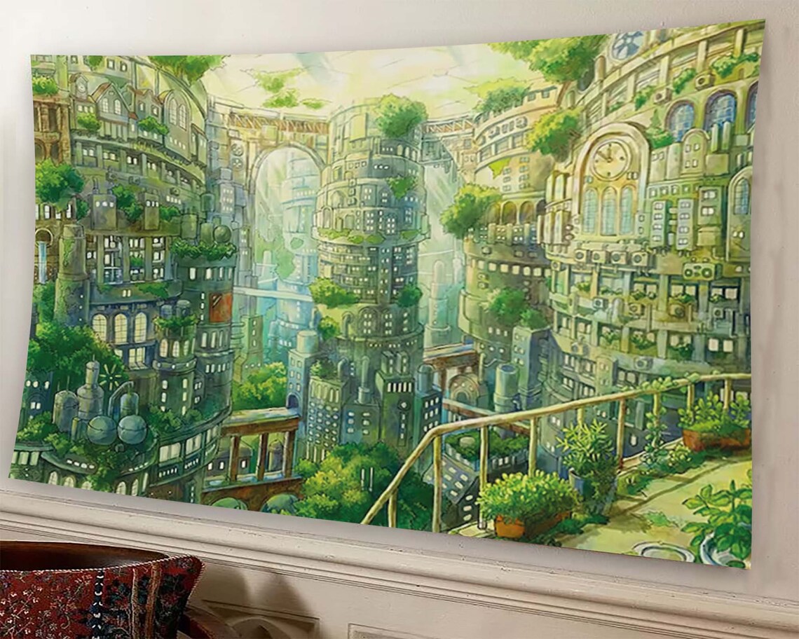 Lush Green Fantasy City Anime Overgrown Buildings Tapestry Wall Art - Image 2