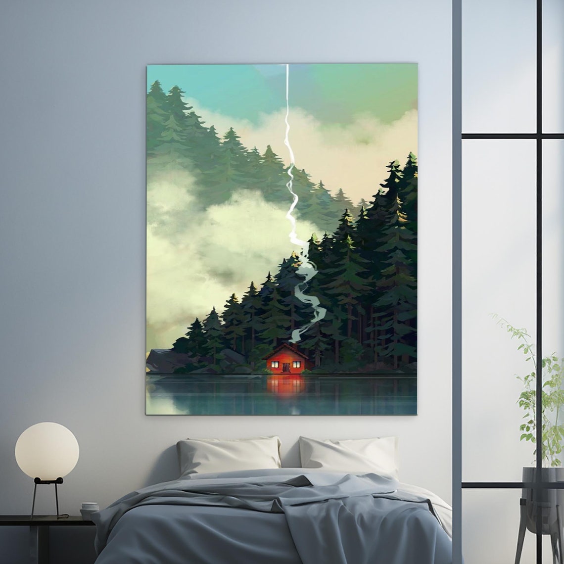 Misty Lake Red Cabin Evergreen Forest Serene Reflection Travel Poster - Image 3