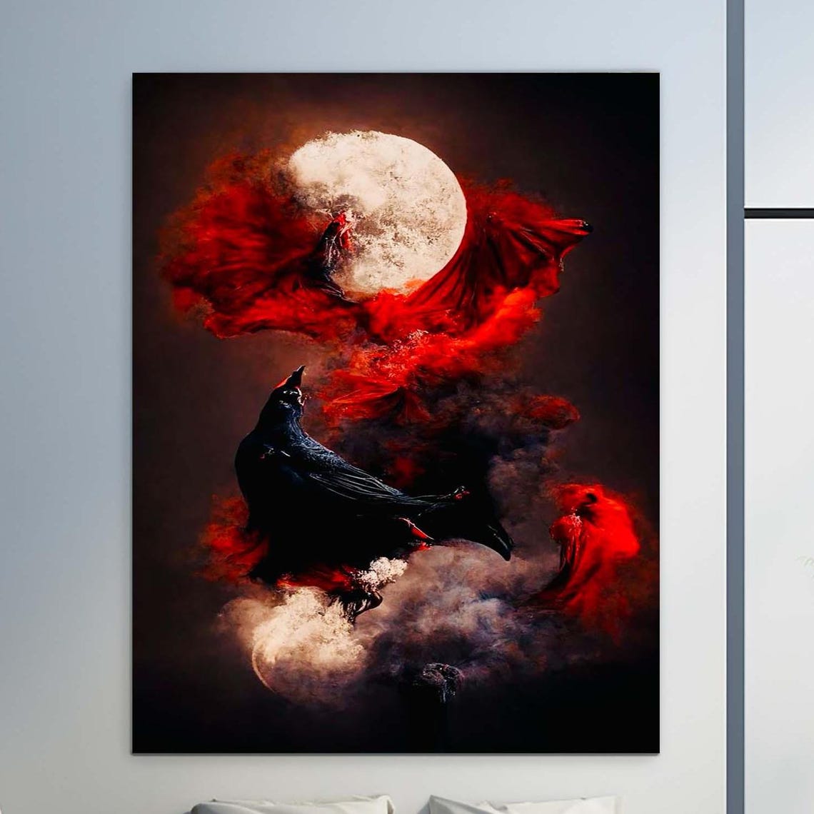 Black Raven Red Smoke Full Moon Gothic Dark Fantasy Art Poster