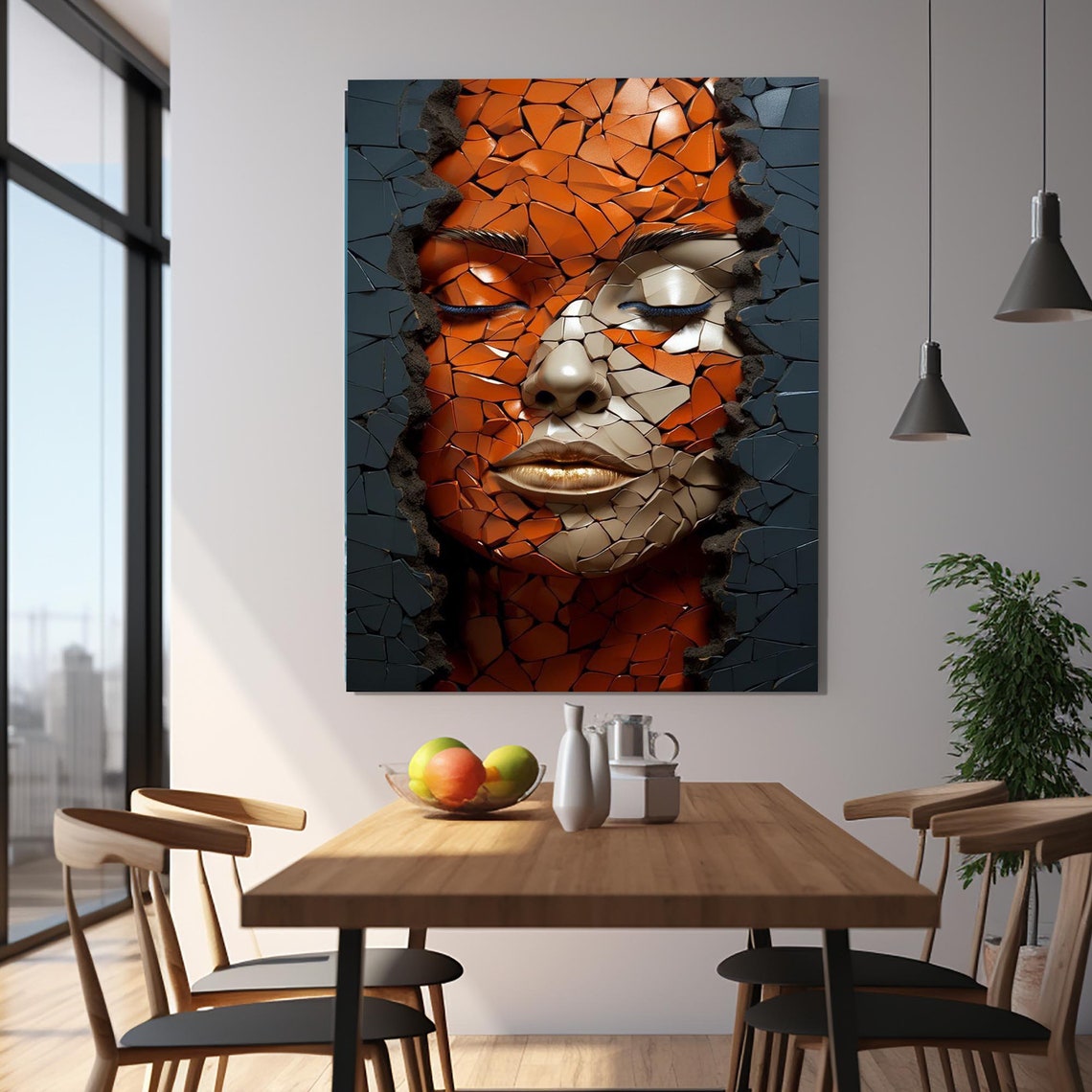 Mosaic Cracked Tile Woman Face Orange Portrait Modern Gallery Poster - Image 2