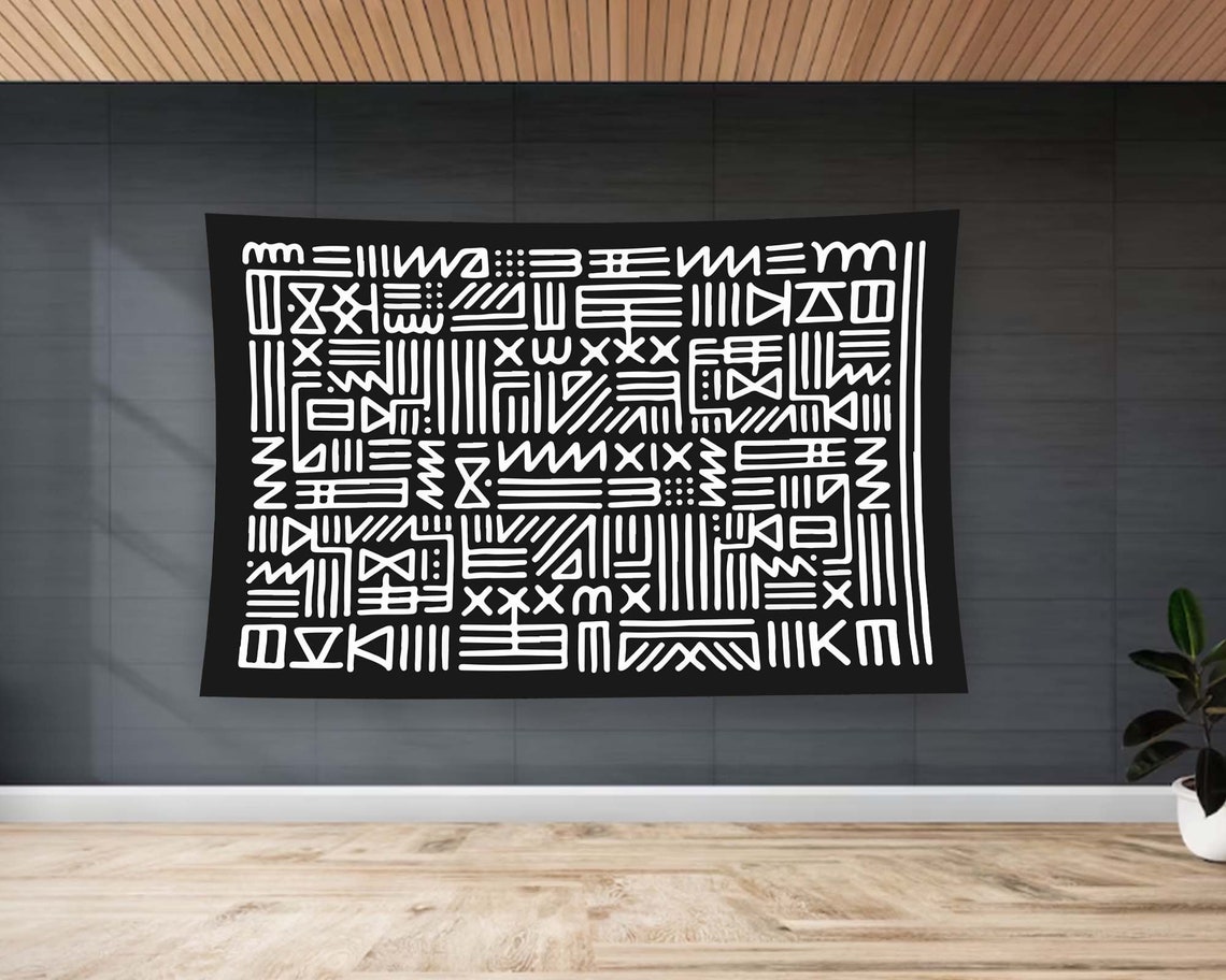 Black White Tribal Mudcloth Pattern Wall Hanging Tapestry Wall Art - Image 2