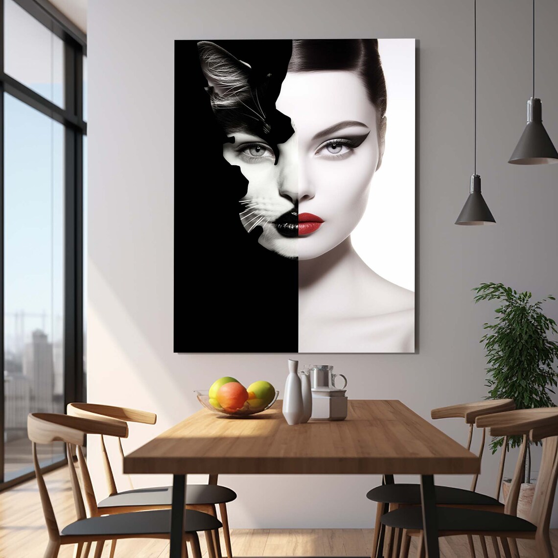 Woman and Cat Face Fusion Black White Fashion Portrait Wall Art