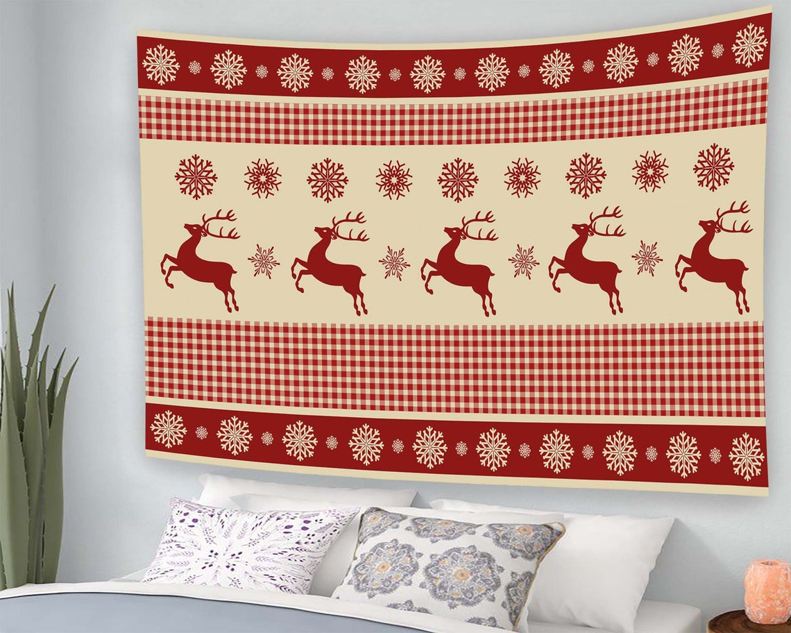 Red Christmas Reindeer Snowflake Plaid Holiday Tapestry Wall Art