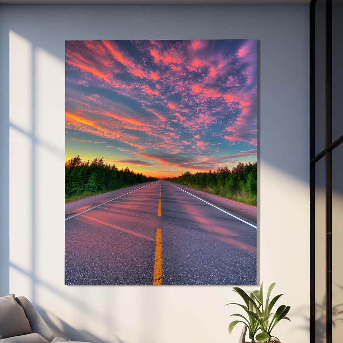 Pink Sunset Highway Open Road Through Evergreen Forest Travel Poster