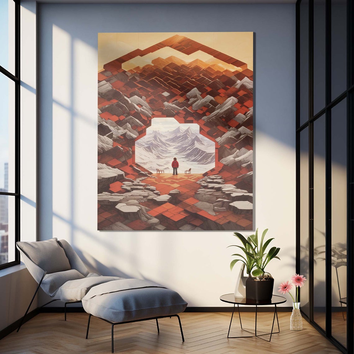 Surreal Red Rock Mountain Arch Portal Snowy Peaks Lone Hiker Poster