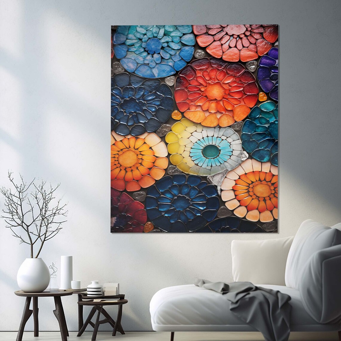 Colorful Stained Glass Mosaic Floral Flower Pattern Wall Art
