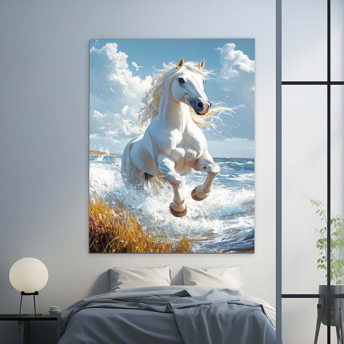 White Horse Rearing Over Ocean Waves Dramatic Sea Splash Wall Art - Image 2