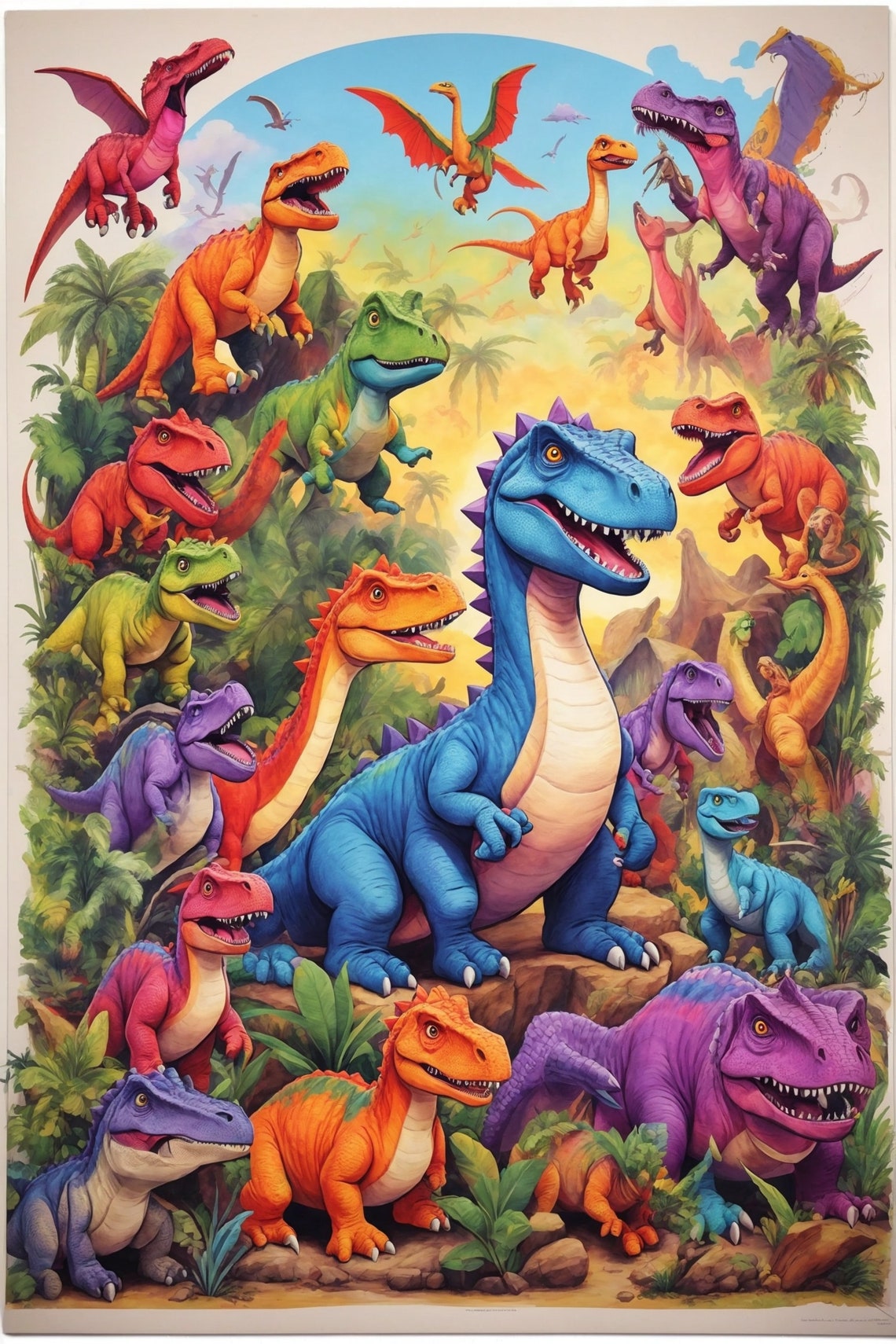 Colorful Cartoon Dinosaurs Collage Kids Jungle Playroom Wall Art - Image 3