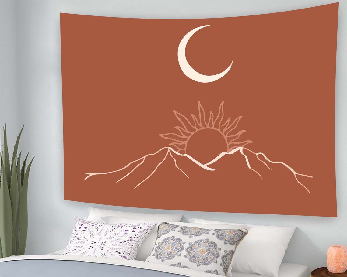 Terracotta Sun Moon Mountains Boho Minimalist Desert Line Art Wall Art - Image 2