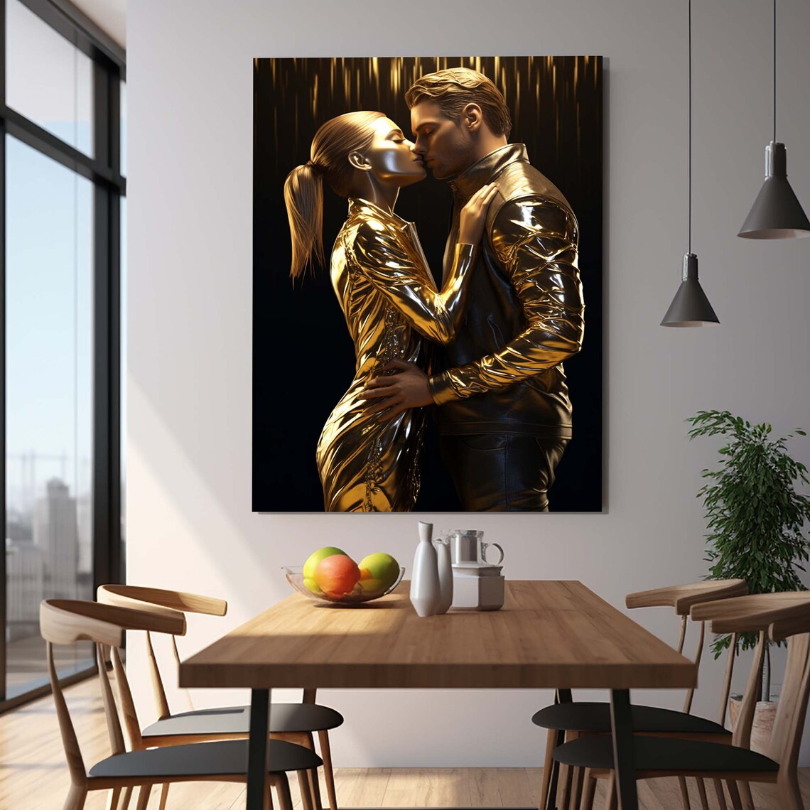 Golden Couple Embrace Kiss Liquid Gold Romantic Love Wall Art - Image 2
