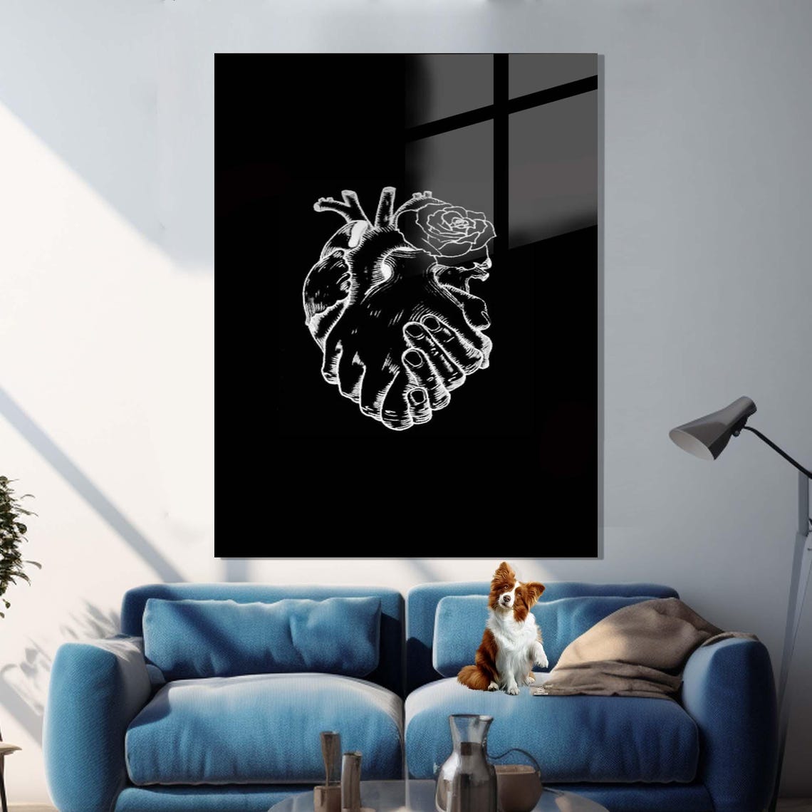 Two Hands Holding Anatomical Heart With Rose Black White Line Wall Art