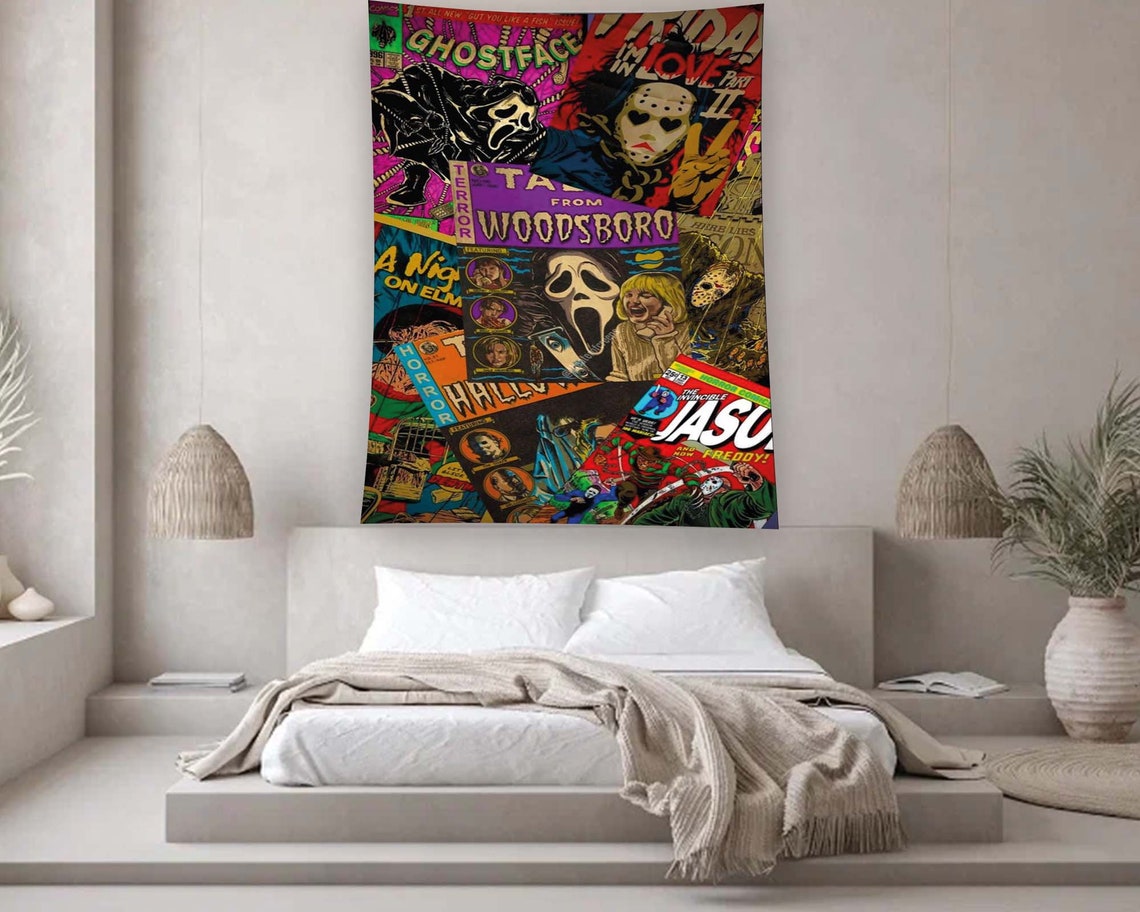 Horror Movie Villains Comic Collage Retro Pop Art Tapestry Wall Art