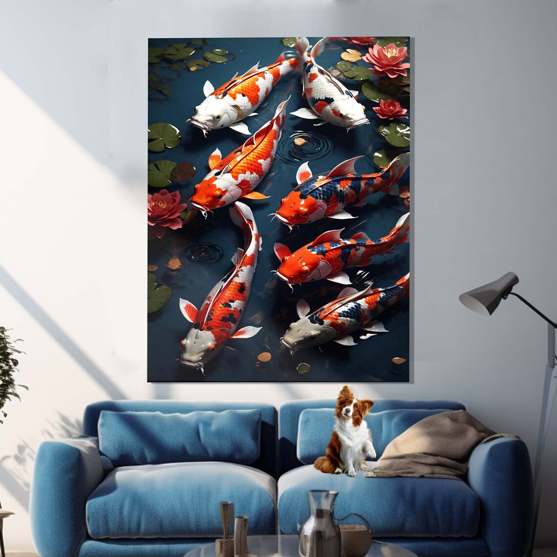 Koi Fish Lotus Flowers Lily Pads Dark Blue Pond Water Wall Art - Image 2