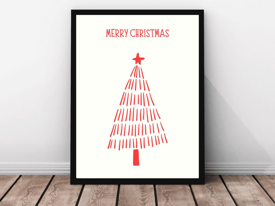 Merry Christmas Red Line Art Tree Minimalist Holiday Poster White - Image 3
