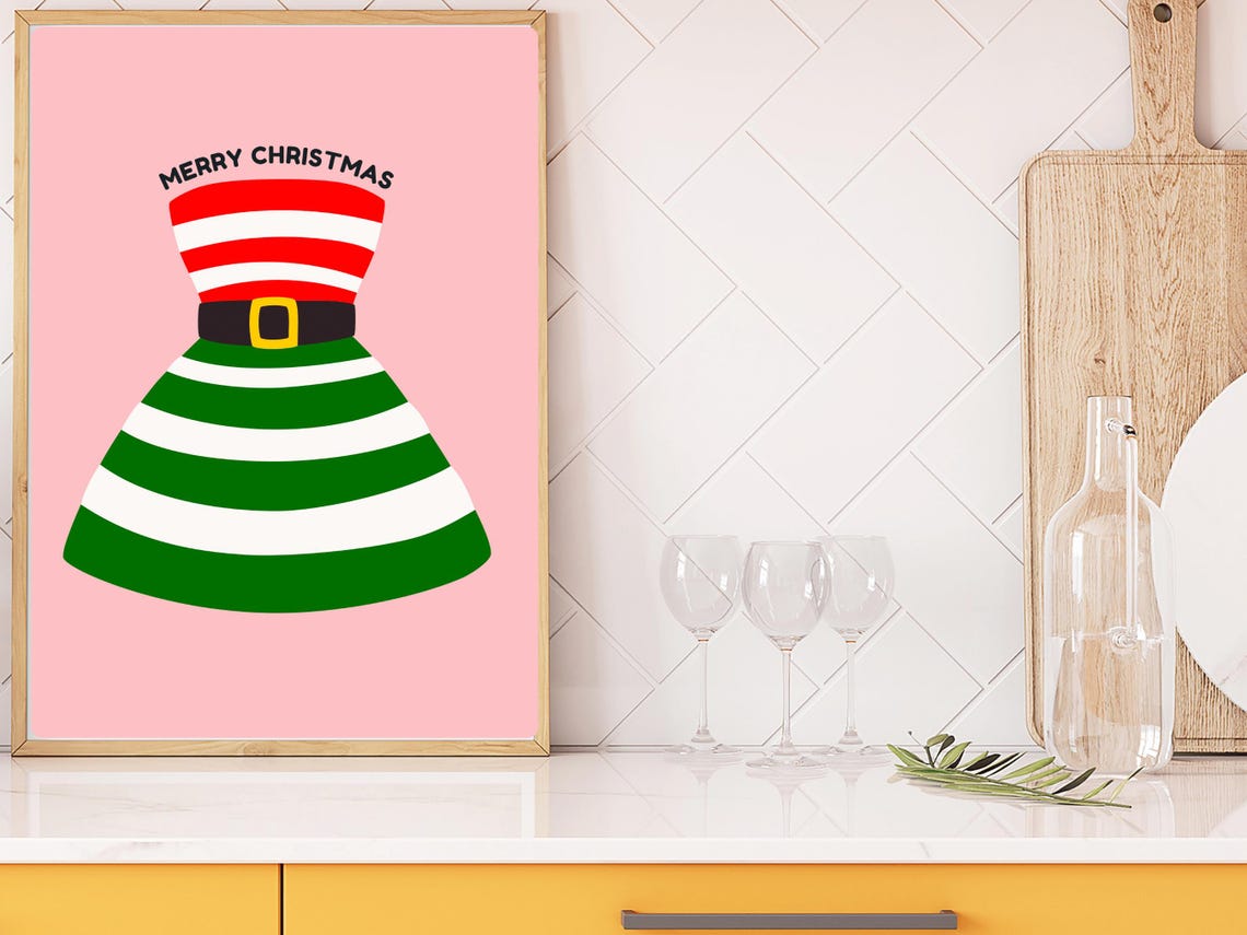Retro Holiday Striped Dress Christmas Print Stylish Happy Holiday Fashion Red And Green Stripe Xmas Poster Festive Wall Decor Art