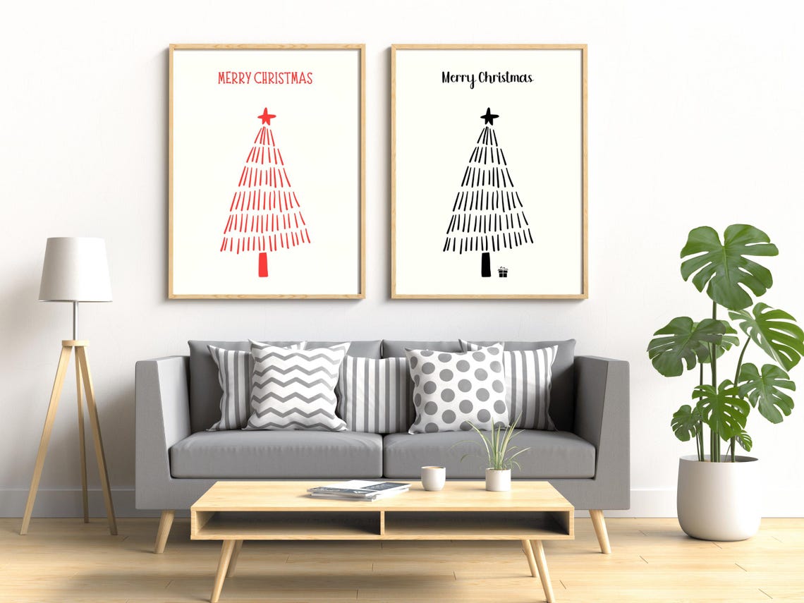 Merry Christmas Red Line Art Tree Minimalist Holiday Poster White - Image 2