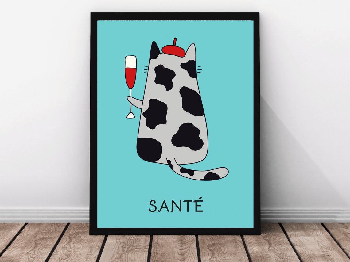 Sante French Cat Champagne Cheers Celebration Fun Wall Poster - Image 3