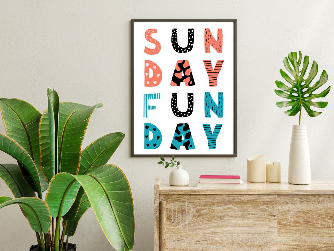 Sunday Funday Weekend Wall Decor Minimal Typography Print Bold Blue And Orange Home Decor Retro Poster Celebration - Image 3