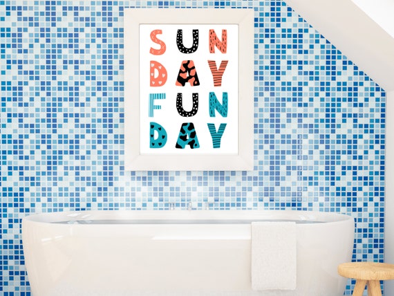 Sunday Funday Weekend Wall Decor Minimal Typography Print Bold Blue And Orange Home Decor Retro Poster Celebration
