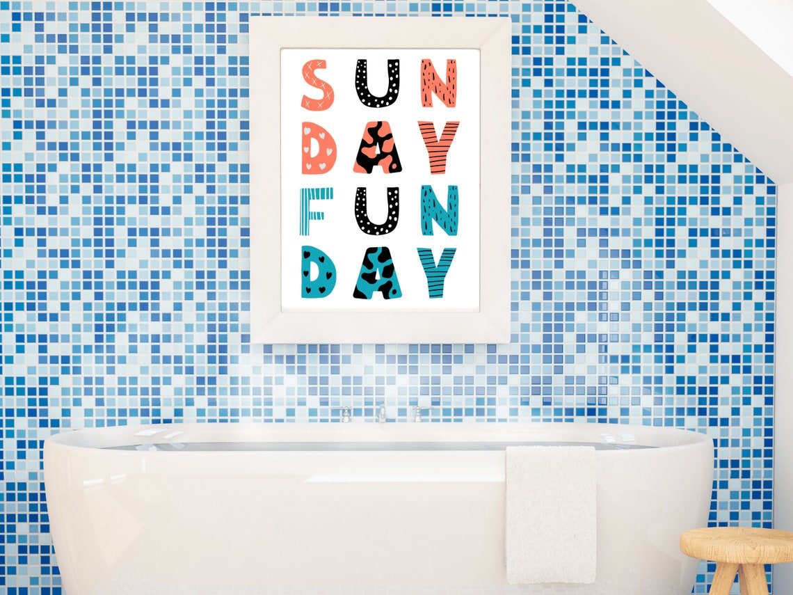 Sunday Funday Weekend Wall Decor Minimal Typography Print Bold Blue And Orange Home Decor Retro Poster Celebration