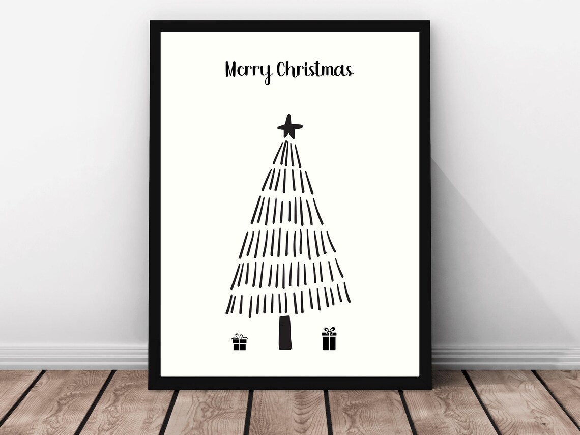 Merry Christmas Black Line Art Tree Gifts Minimalist Holiday Poster - Image 3