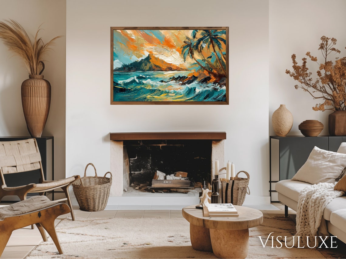 Tropical Hawaiian Ocean Waves Palm Trees Sunset Beach Painting Poster - Image 2