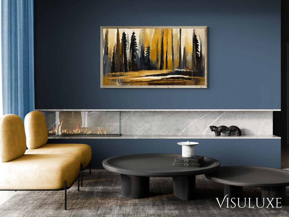Dark Abstract Forest Trees Golden Light Moody Woodland Painting Print - Image 2