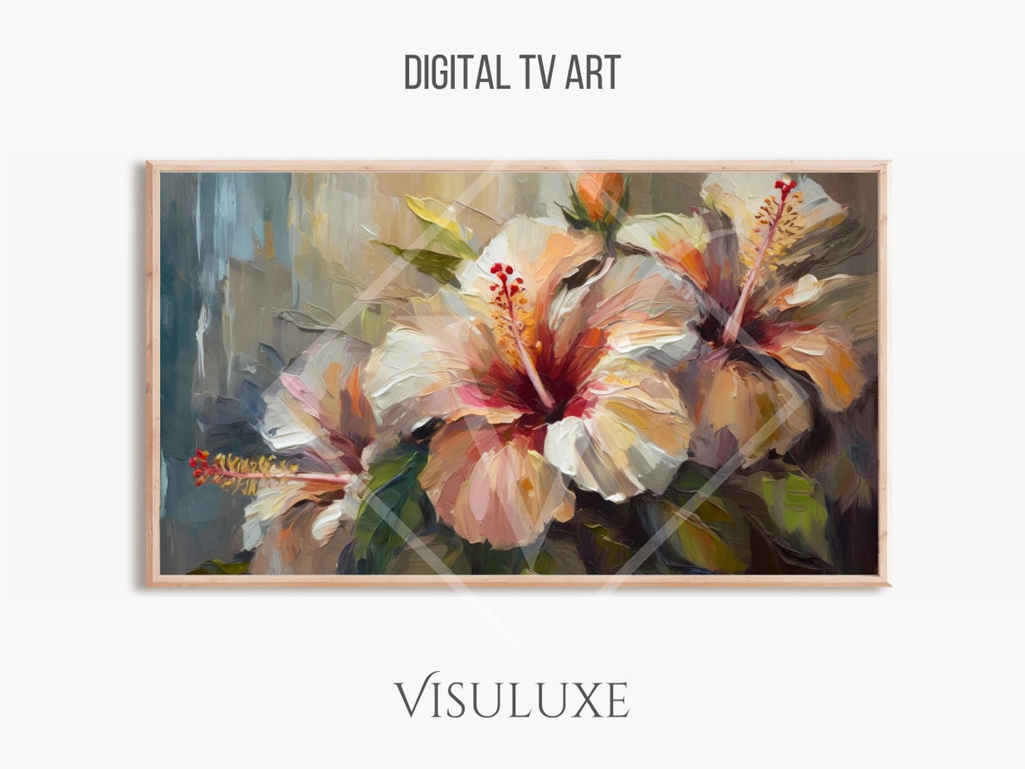 White Hibiscus Flowers Tropical Floral Impasto Painting Wall Art Print