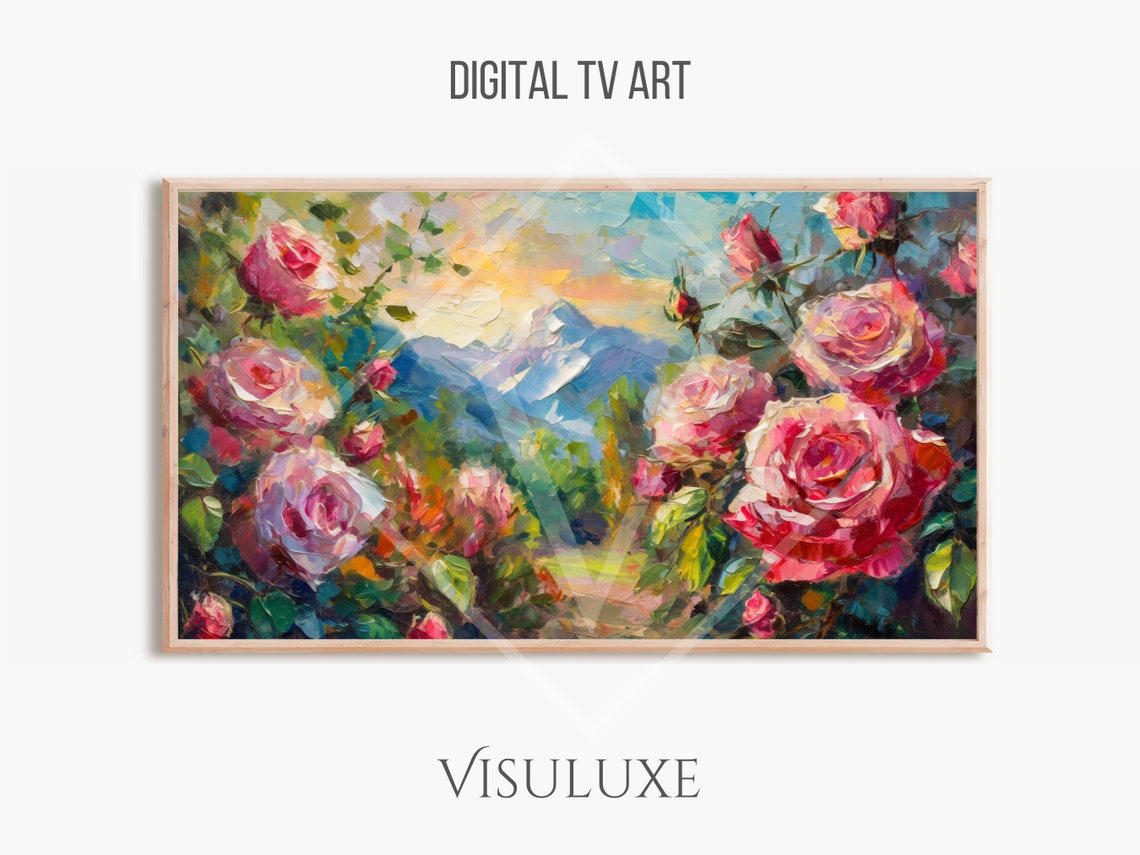 Pink Roses Garden Blooming Flowers Mountain View Impasto Floral Poster