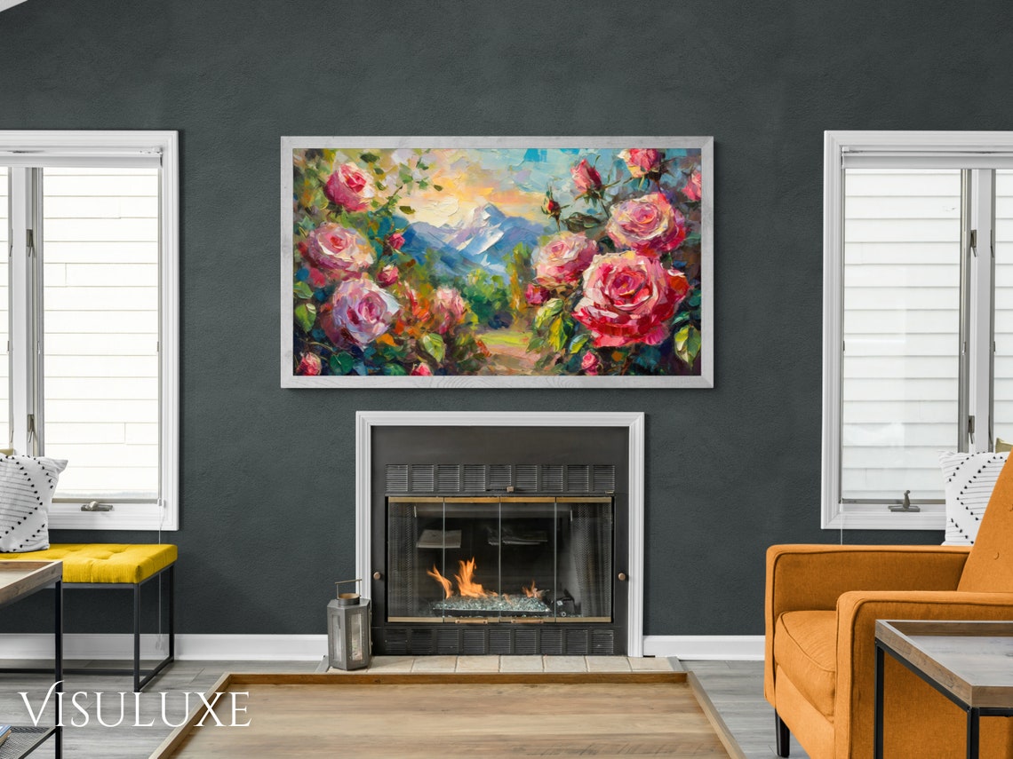 Pink Roses Garden Blooming Flowers Mountain View Impasto Floral Poster - Image 3