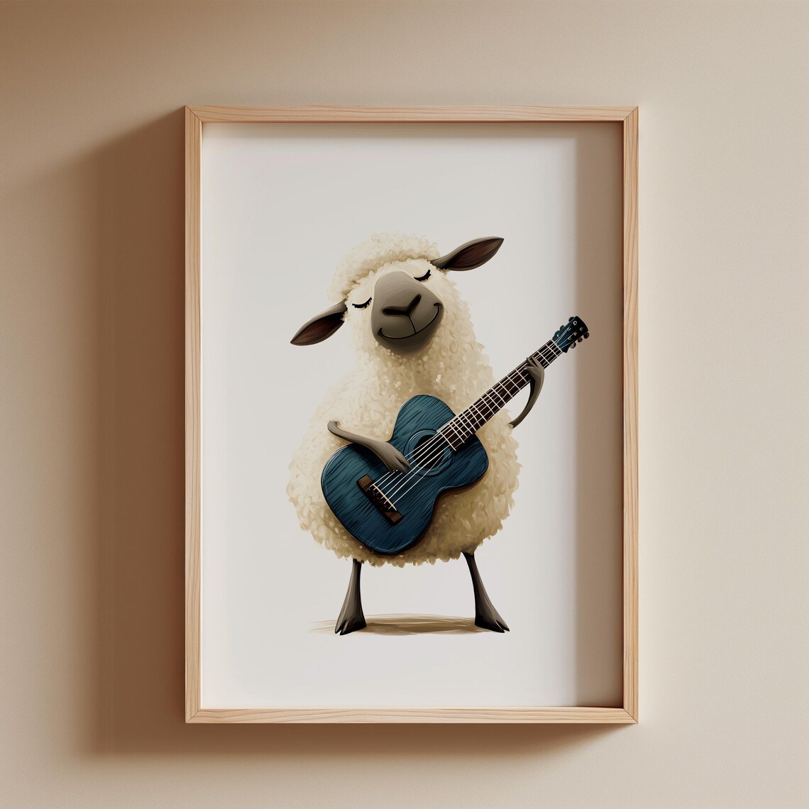 Fluffy Sheep Strumming a Blue Guitar Sweet Nursery Animal Art Poster - Image 2