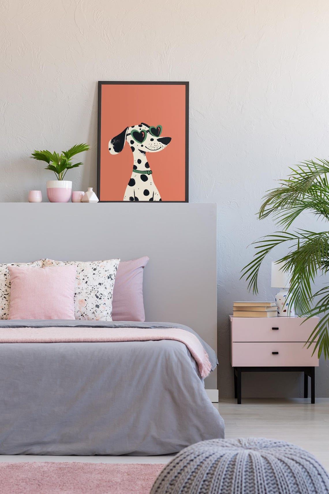 Dalmatian in Green Heart Sunglasses on Coral Cute Dog Nursery Poster - Image 2