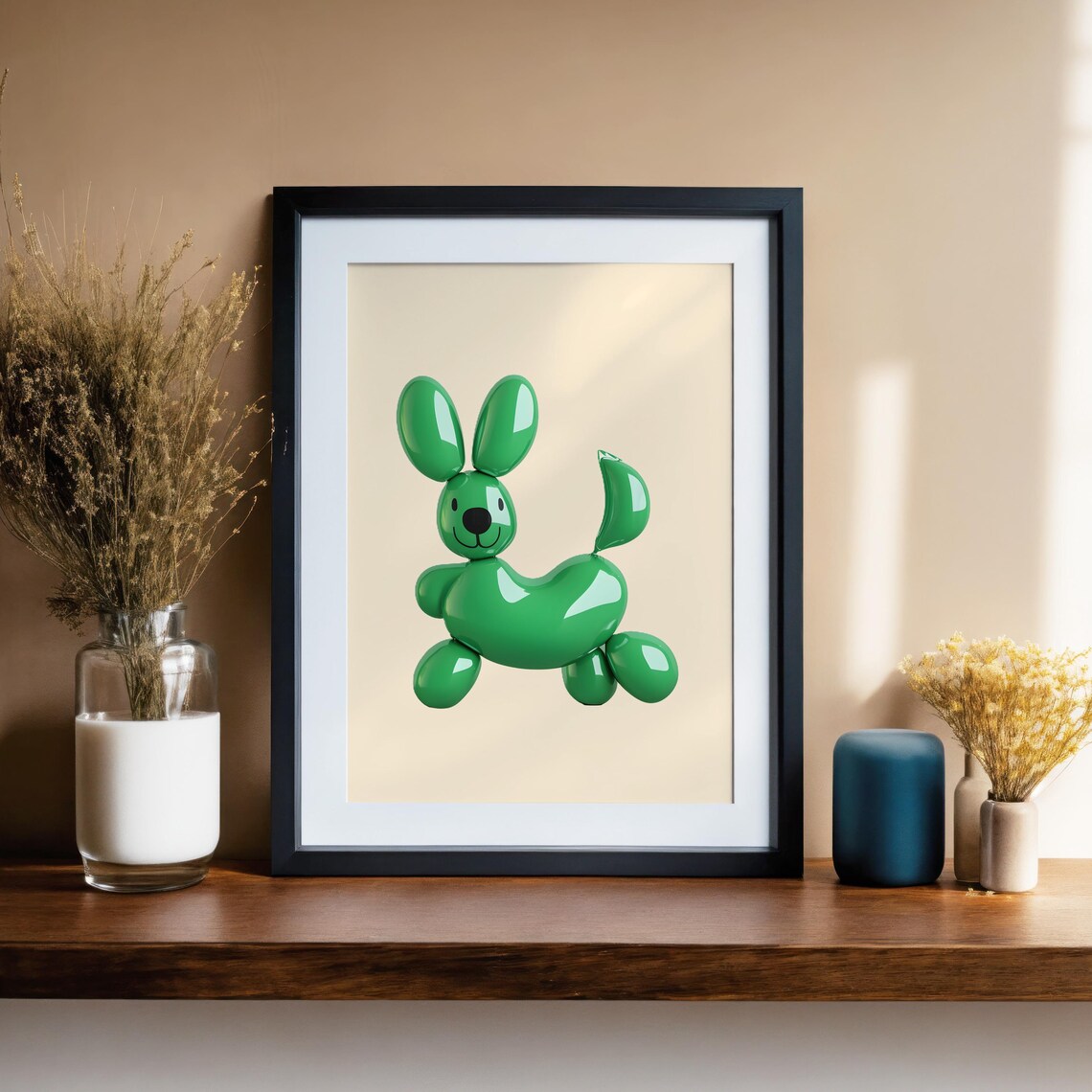 Green Balloon Dog on Beige Background Playful Kids Room Dog Art Poster - Image 3