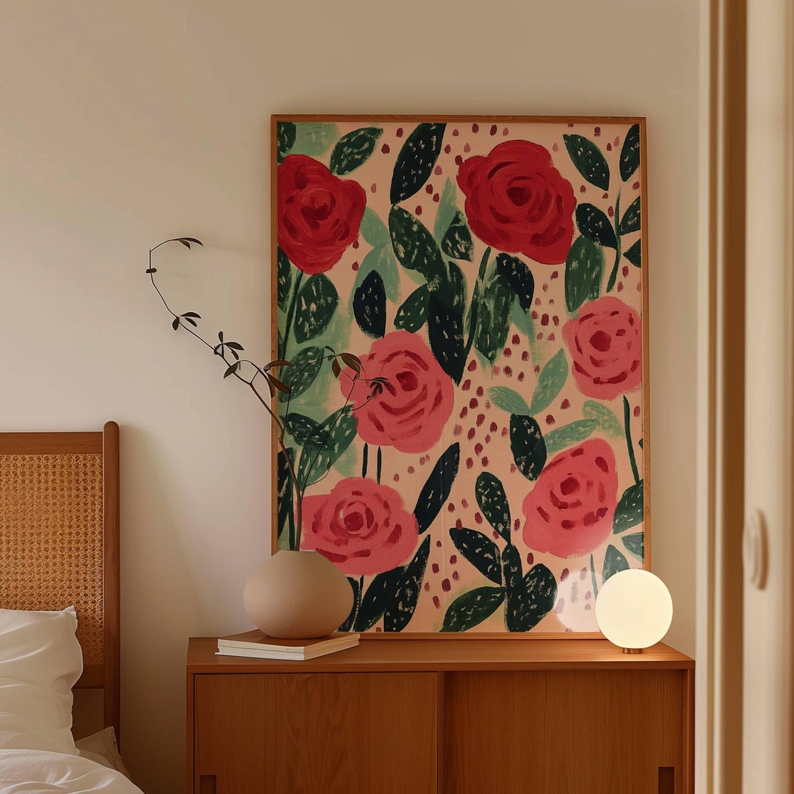 Red and Pink Roses on Blush Background Maximalist Floral Art Poster