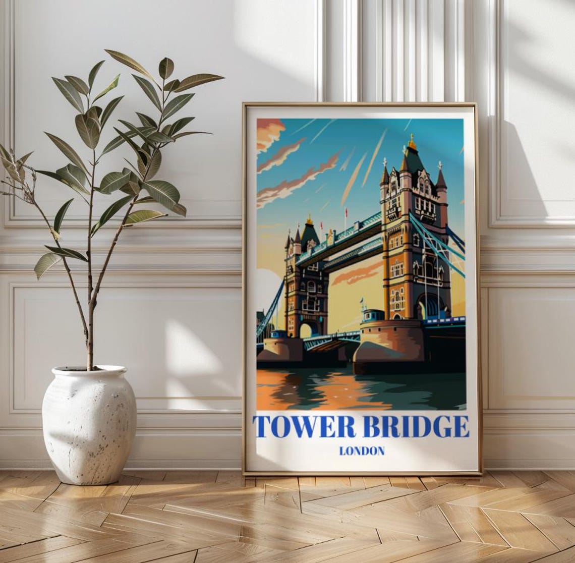 Vintage Tower Bridge London Sunset Thames Landmark Travel Poster