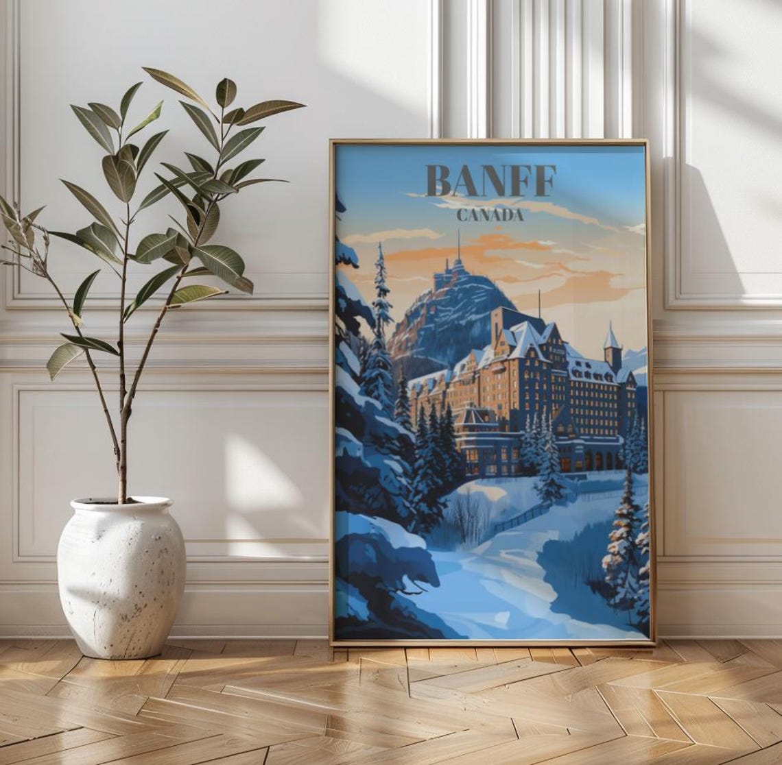 Banff Canada Winter Hotel Mountain Sunset Vintage Travel Poster